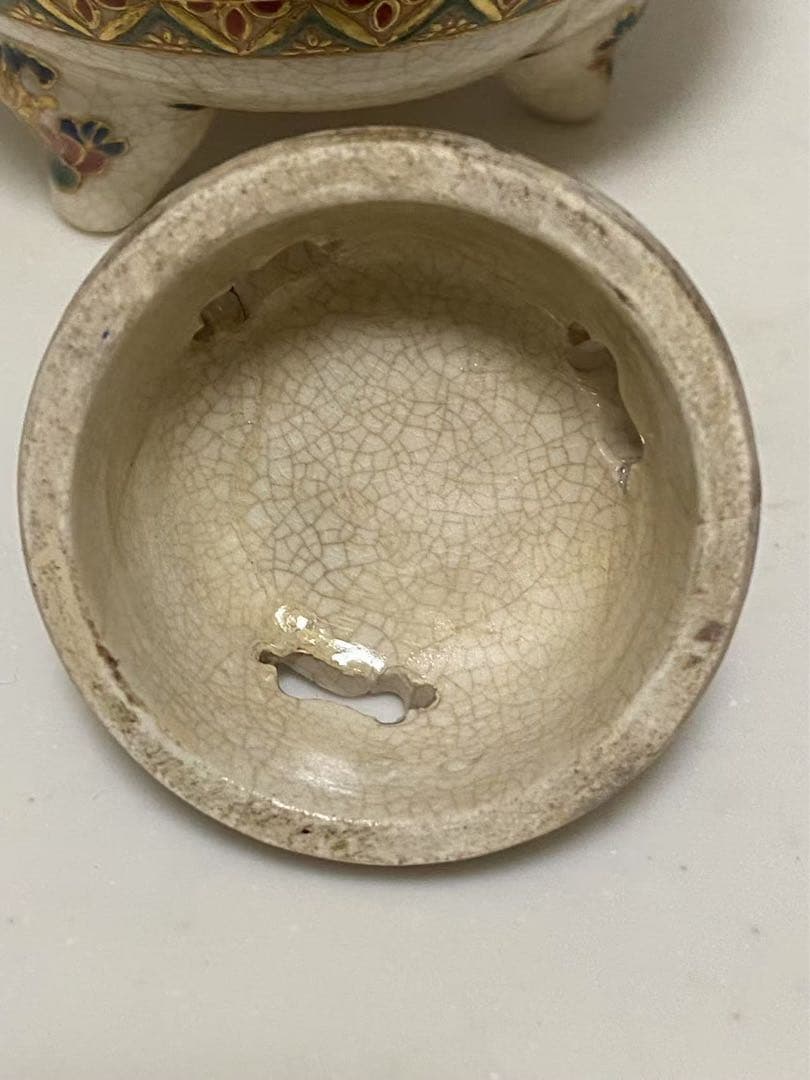 薩摩焼 丸十字薩摩 明治期 香爐 金彩花草文 金襴手