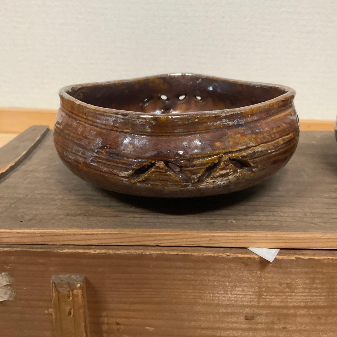 6代大樋長左衛　飴釉四方七宝透かし向付　5客揃え