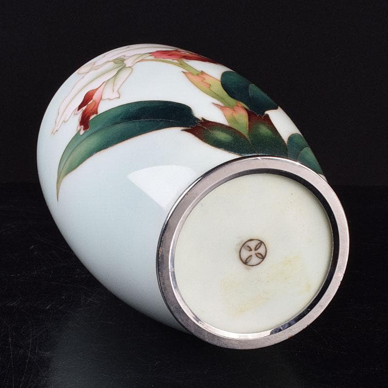 七宝焼　安藤七宝店　花文　花瓶　唐木台　時代箱付　M　R9165