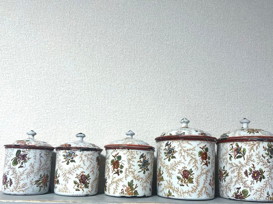 レア♡フランス　アンティーク　ホーロー　花柄　JAPY キャニスター　5個セット