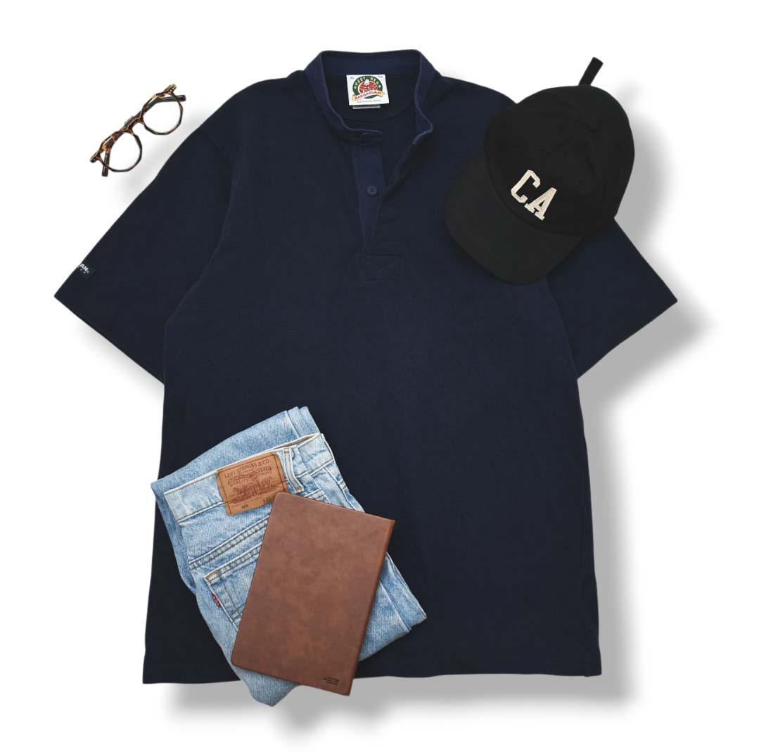 90sヴィンテージ カナダ製 バーバリアン バンドカラー ラガーシャツ XL 紺