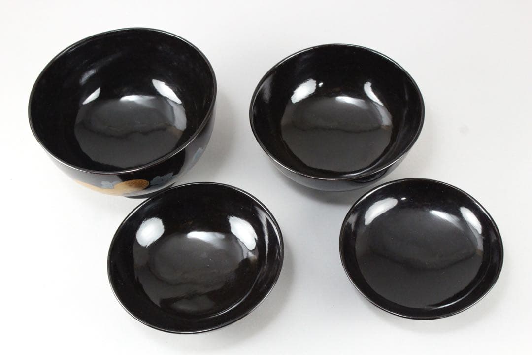No5543 黒漆菊花金銀蒔絵　お櫃　杓子　椀　5点セット　送料無料
