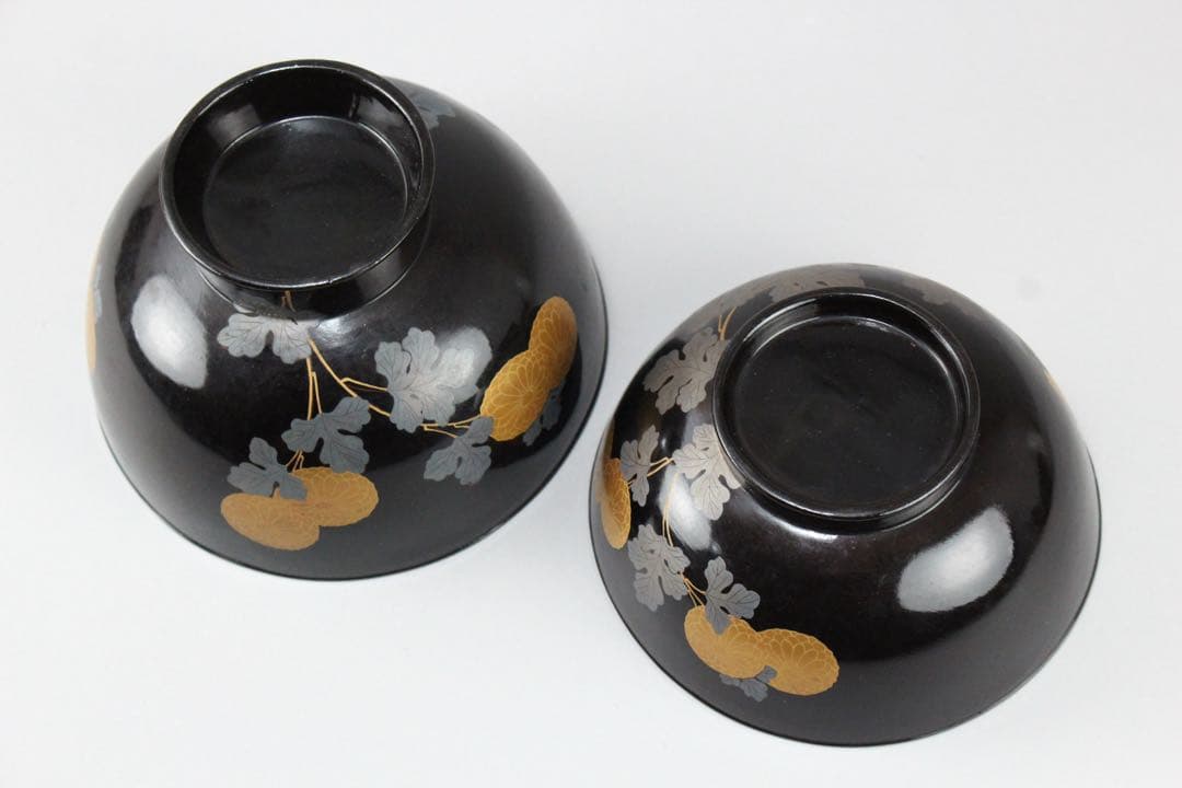 No5543 黒漆菊花金銀蒔絵　お櫃　杓子　椀　5点セット　送料無料