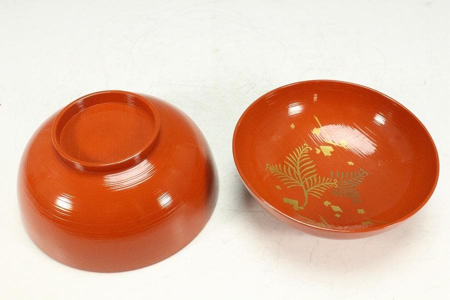 平安象彦製 朱塗刷毛目 蓋蒔絵 椀 十客 美品 共箱(K-A751)