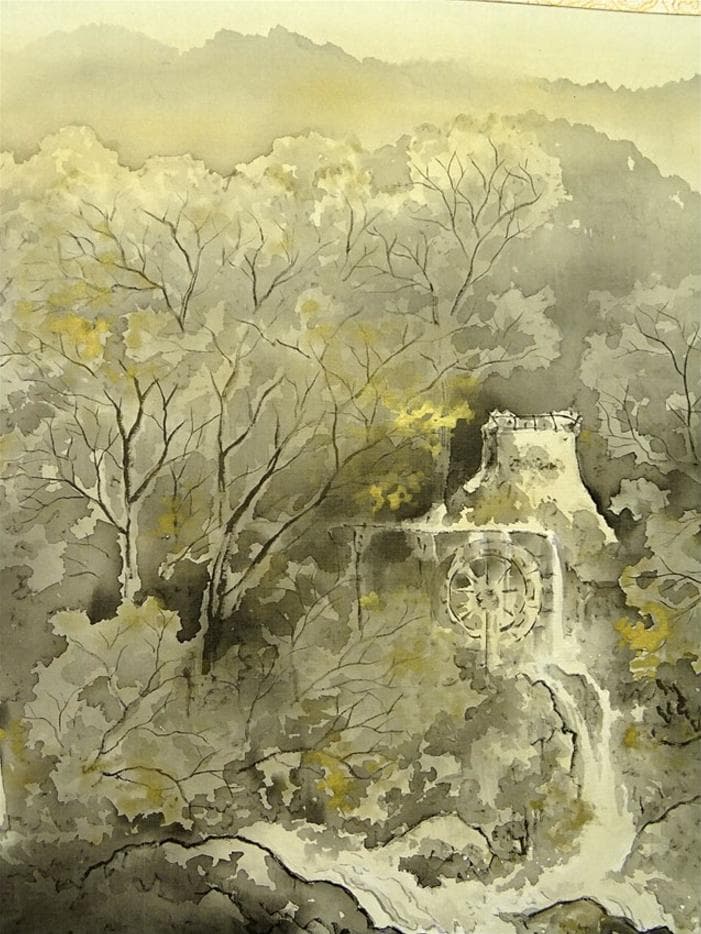 掛軸 仙田雪山子『山邨幽静 水墨山水』絹本 共箱二重箱付 掛け軸 a073113