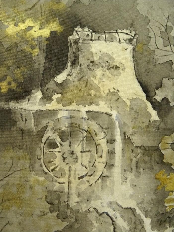 掛軸 仙田雪山子『山邨幽静 水墨山水』絹本 共箱二重箱付 掛け軸 a073113