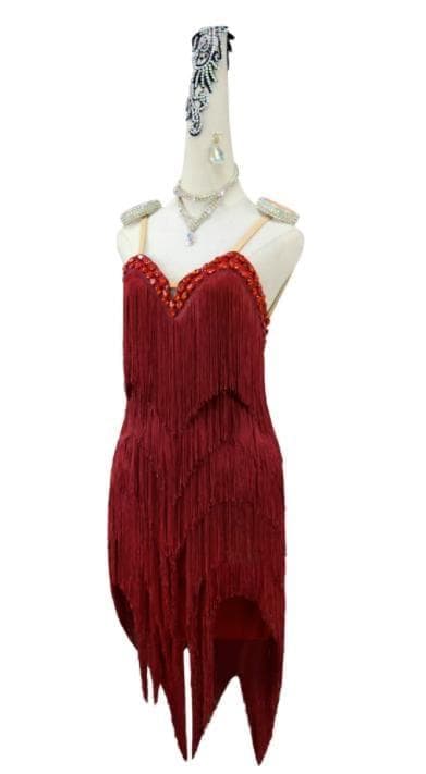 社交ダンス衣装 ラテンワンピース フリンジドレス ワインレッド オーダーメイド