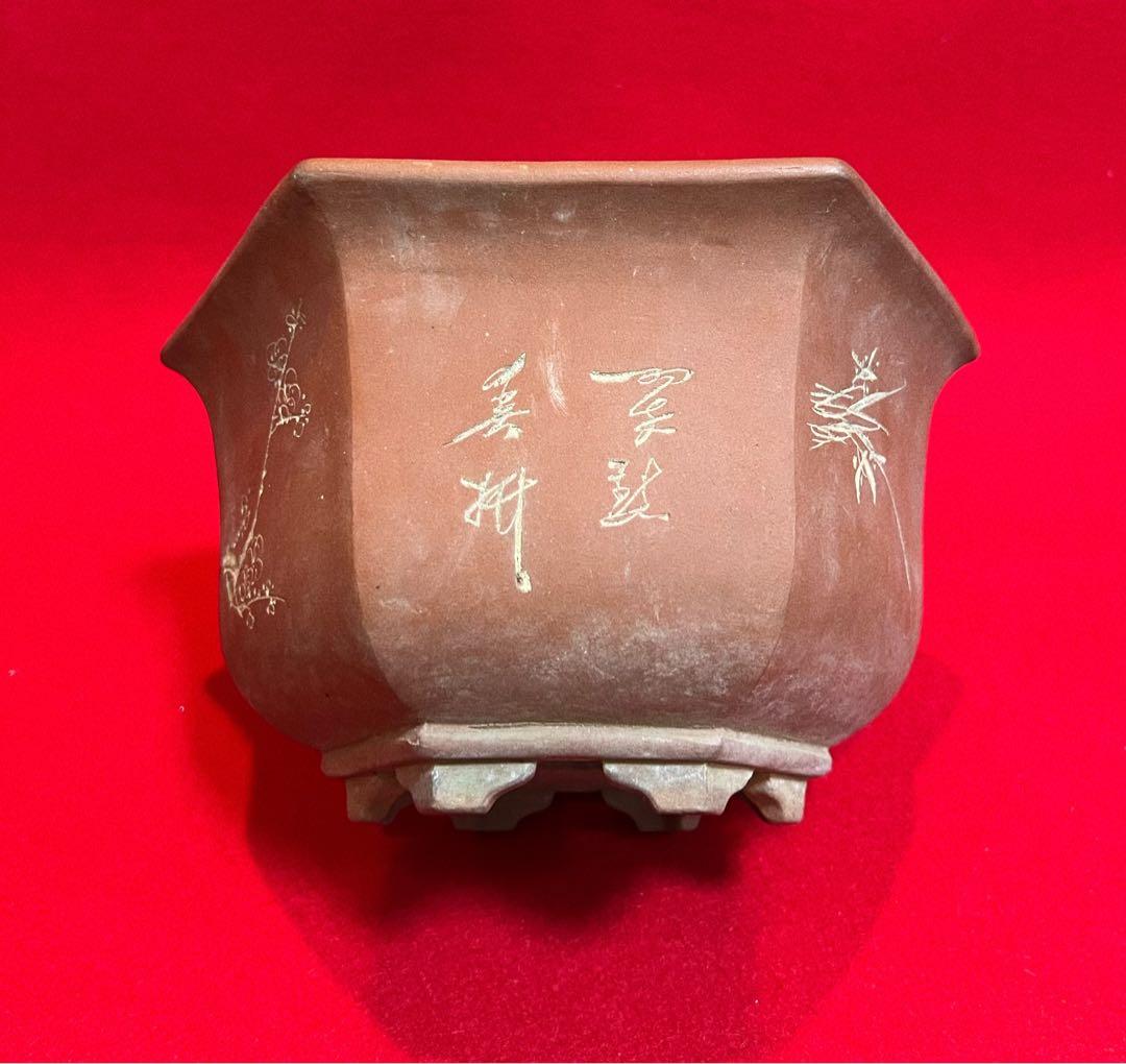 中国美術 梅蘭竹紋樣 中国宜興 紫砂 六角植木鉢 盆鉢