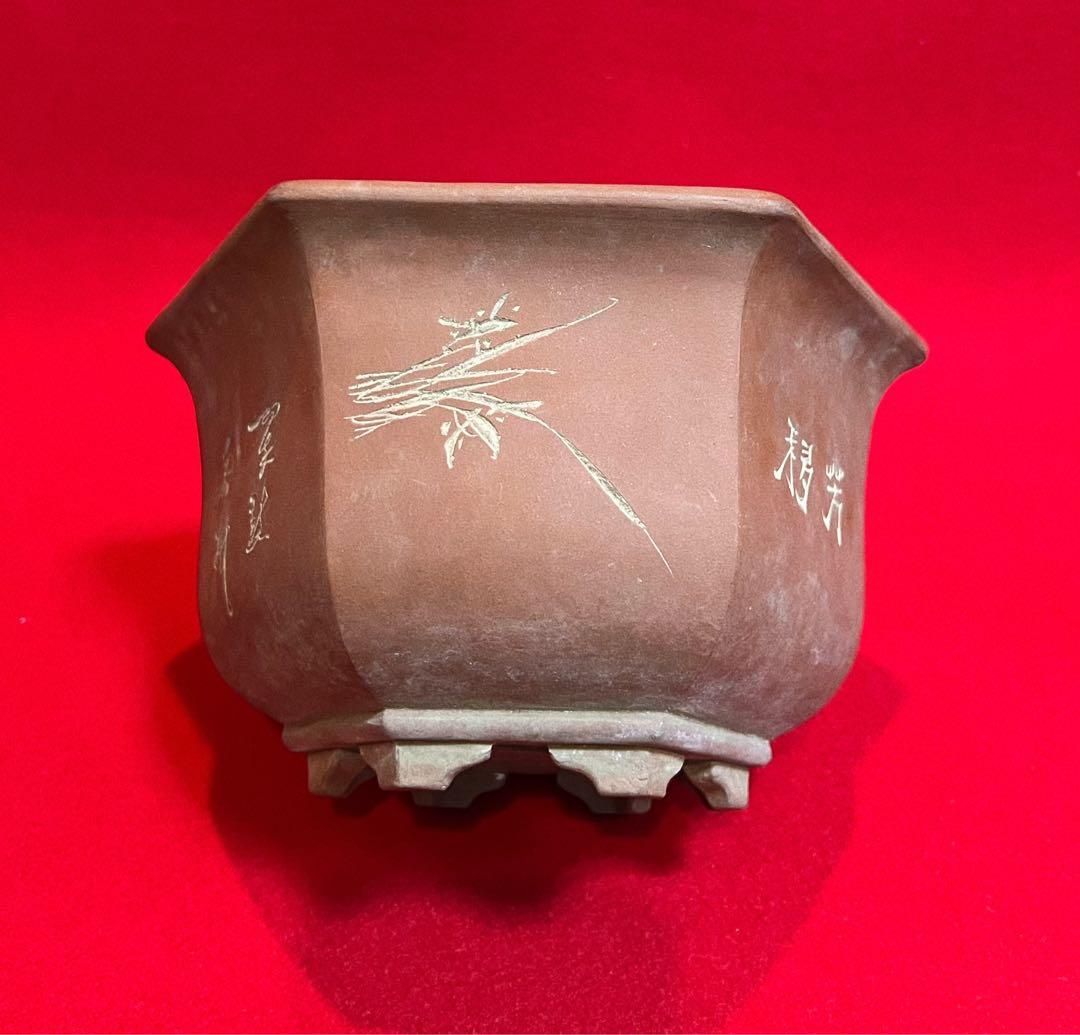 中国美術 梅蘭竹紋樣 中国宜興 紫砂 六角植木鉢 盆鉢