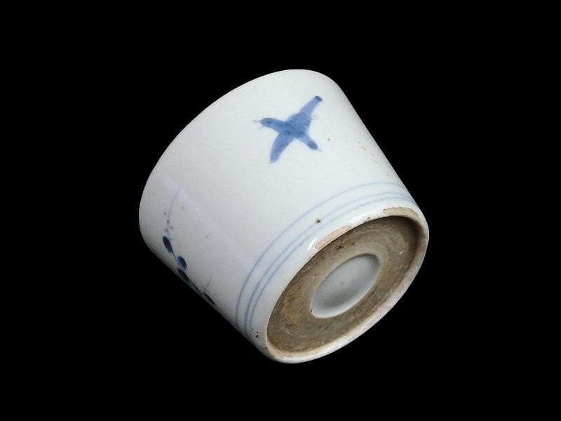 古伊万里　染付　竹籠に秋草紋の図　蕎麦猪口　A015AS-CYu