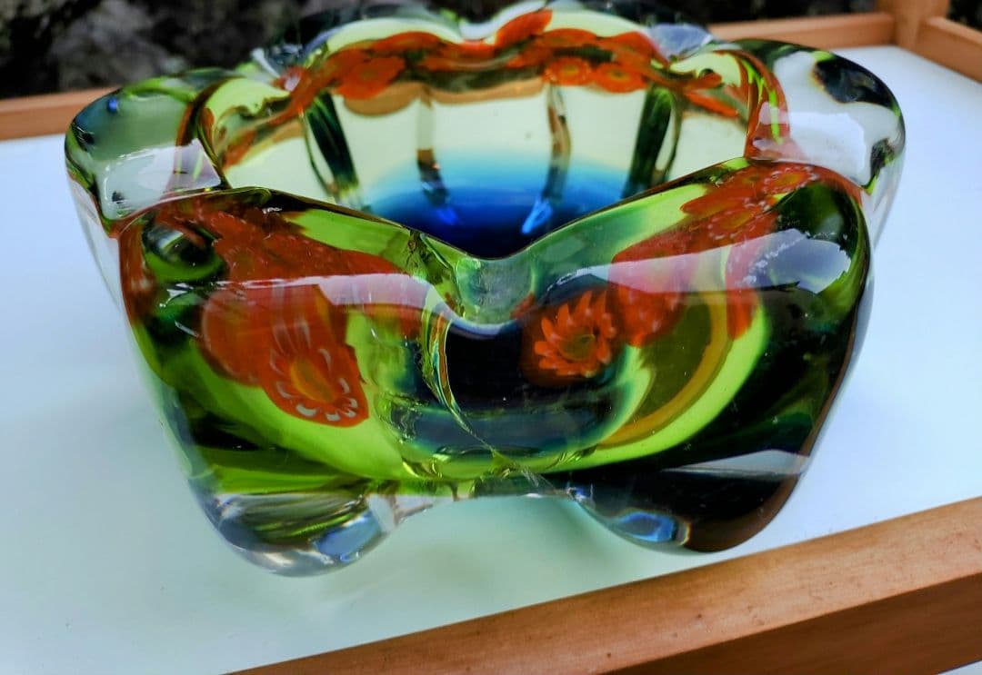 マルティグラス　灰皿　レトロ　オレンジ花柄　グリーン