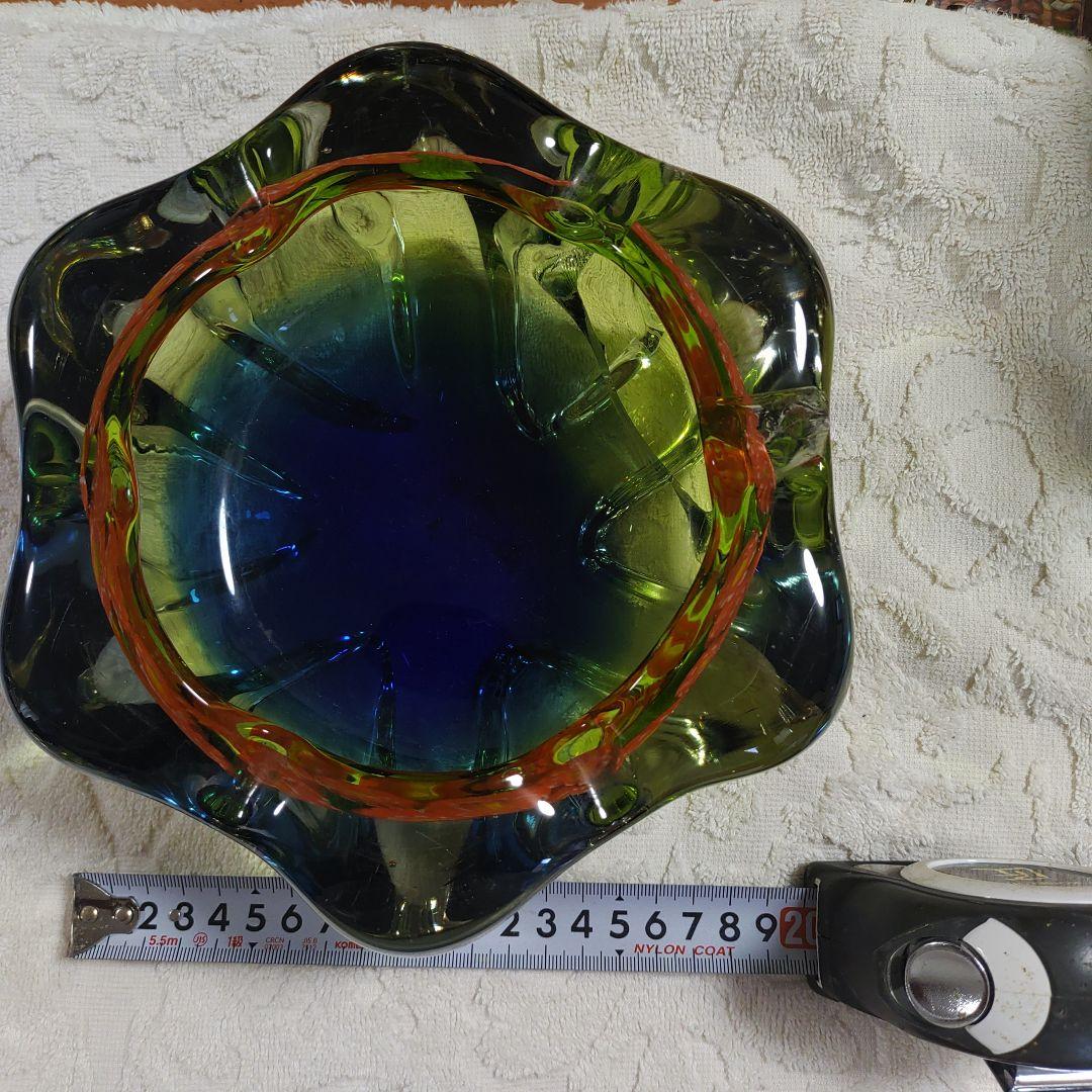 マルティグラス　灰皿　レトロ　オレンジ花柄　グリーン