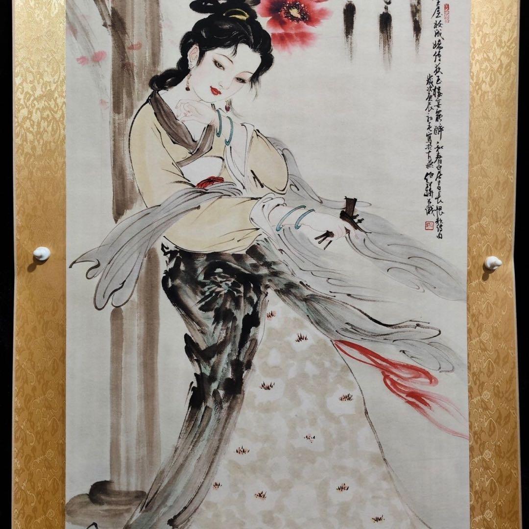 【鑑定書付】白伯驊「仕女図」 四尺中堂掛軸 宣紙装裱済 175×70cm