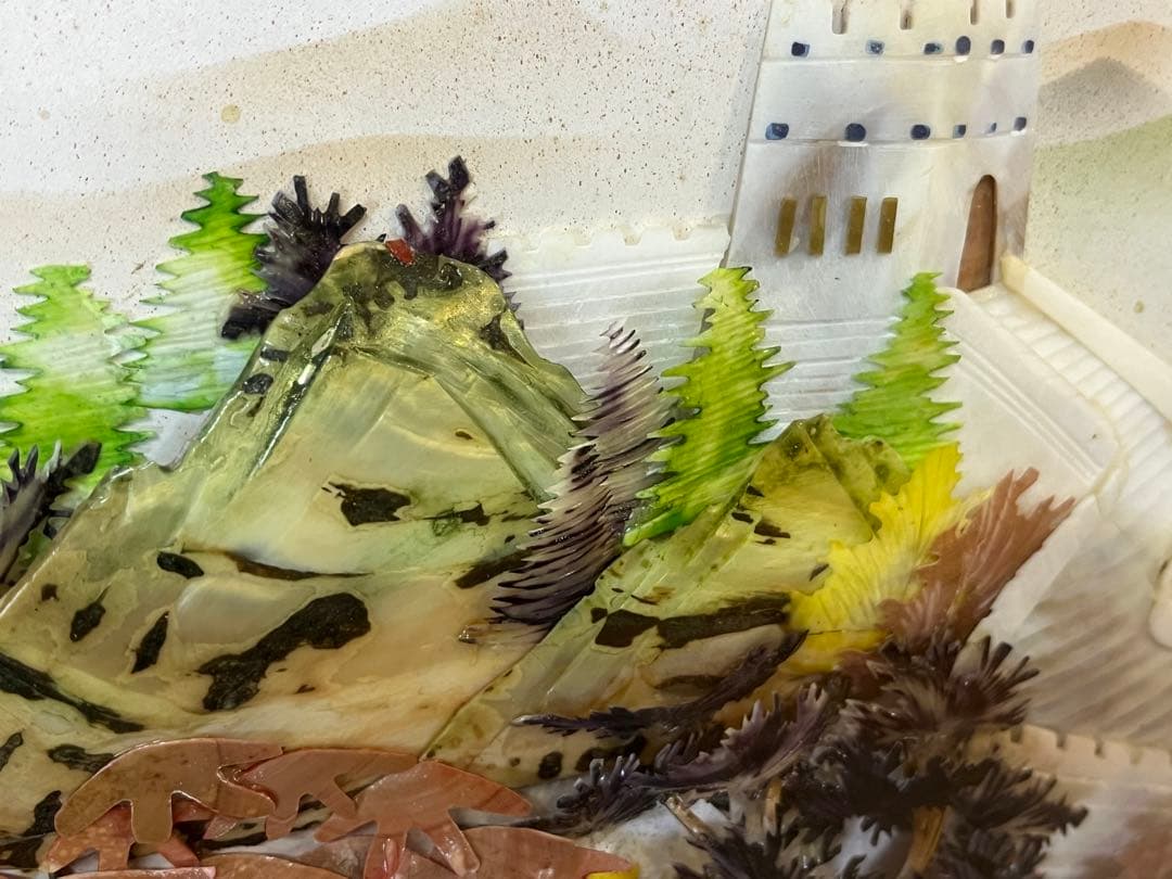 【アンティーク】中国美術 貝細工彫刻絵画 万里の長城 額装 額縁 風景画 骨董