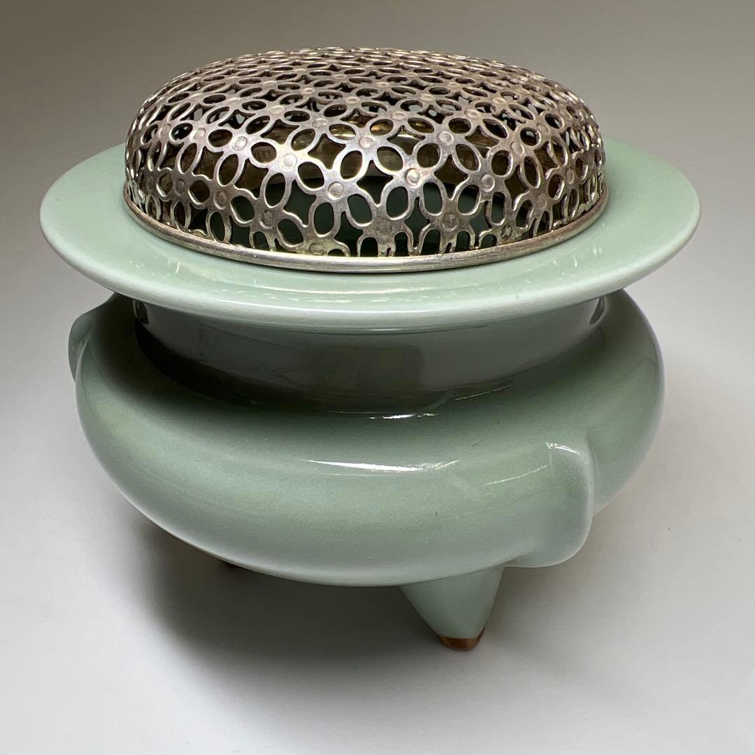 諏訪蘇山　銀火屋40g 青磁香炉　二重箱共箱　東Y8-0210☆2Fトニヒ