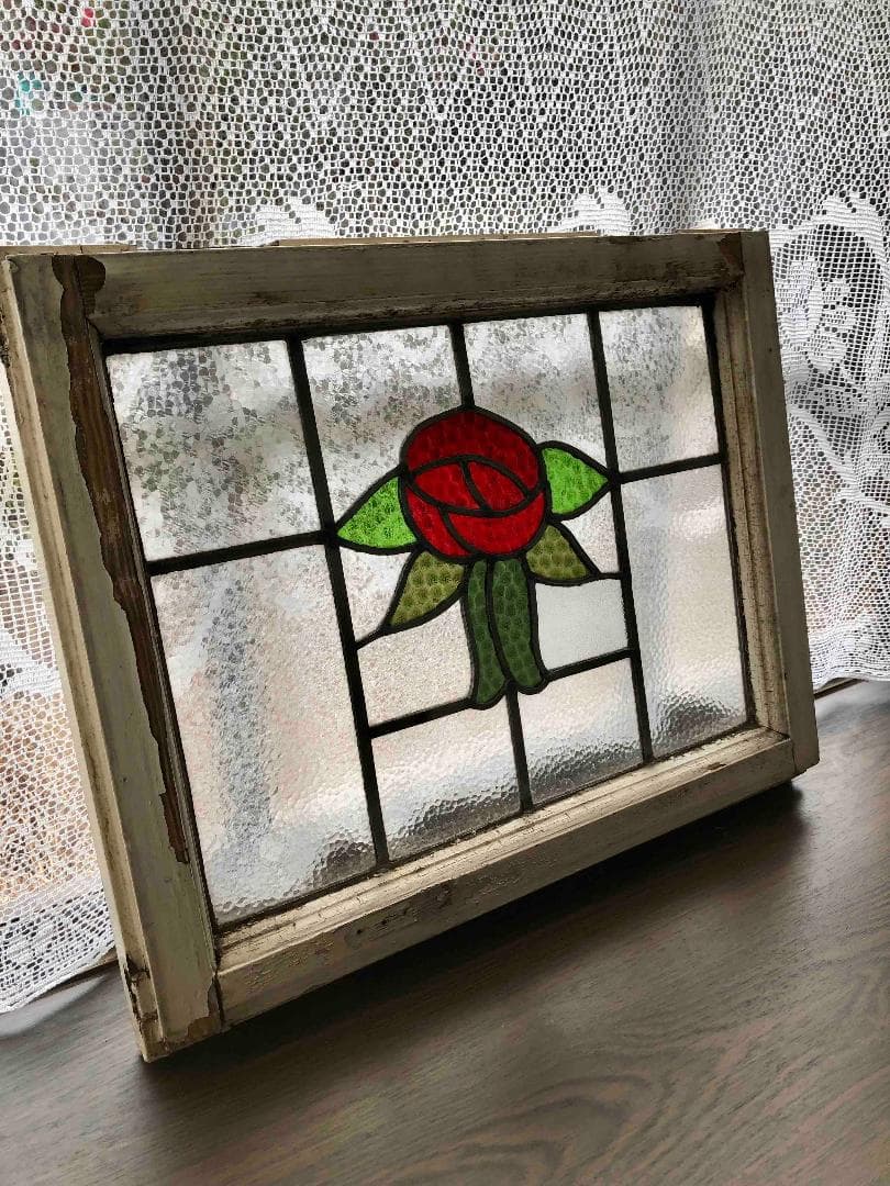 英国アンティーク薔薇ステンドグラス窓枠/店舗什器/ショップH16