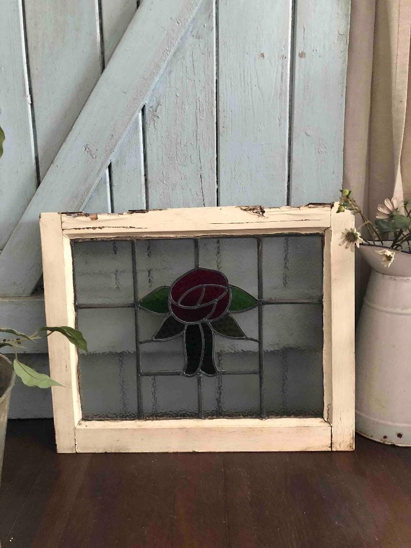 英国アンティーク薔薇ステンドグラス窓枠/店舗什器/ショップH16