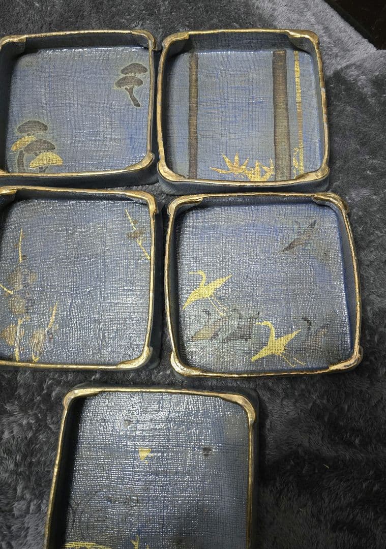 赤雲陶印入り赤雲窯　 青い陶器の皿 5枚セット