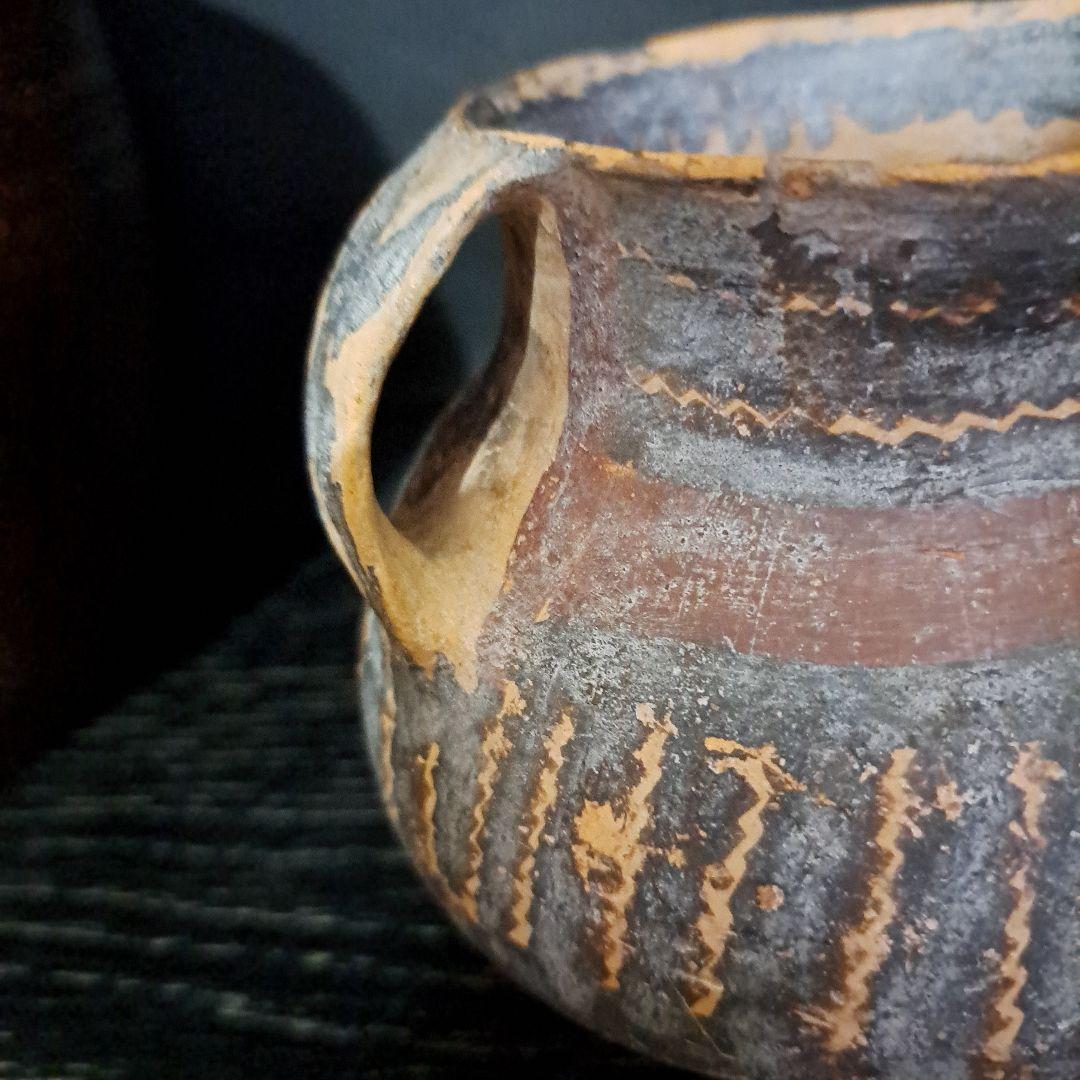 古代メキシコ産　土器　 水亀　水差し　縦縞模様