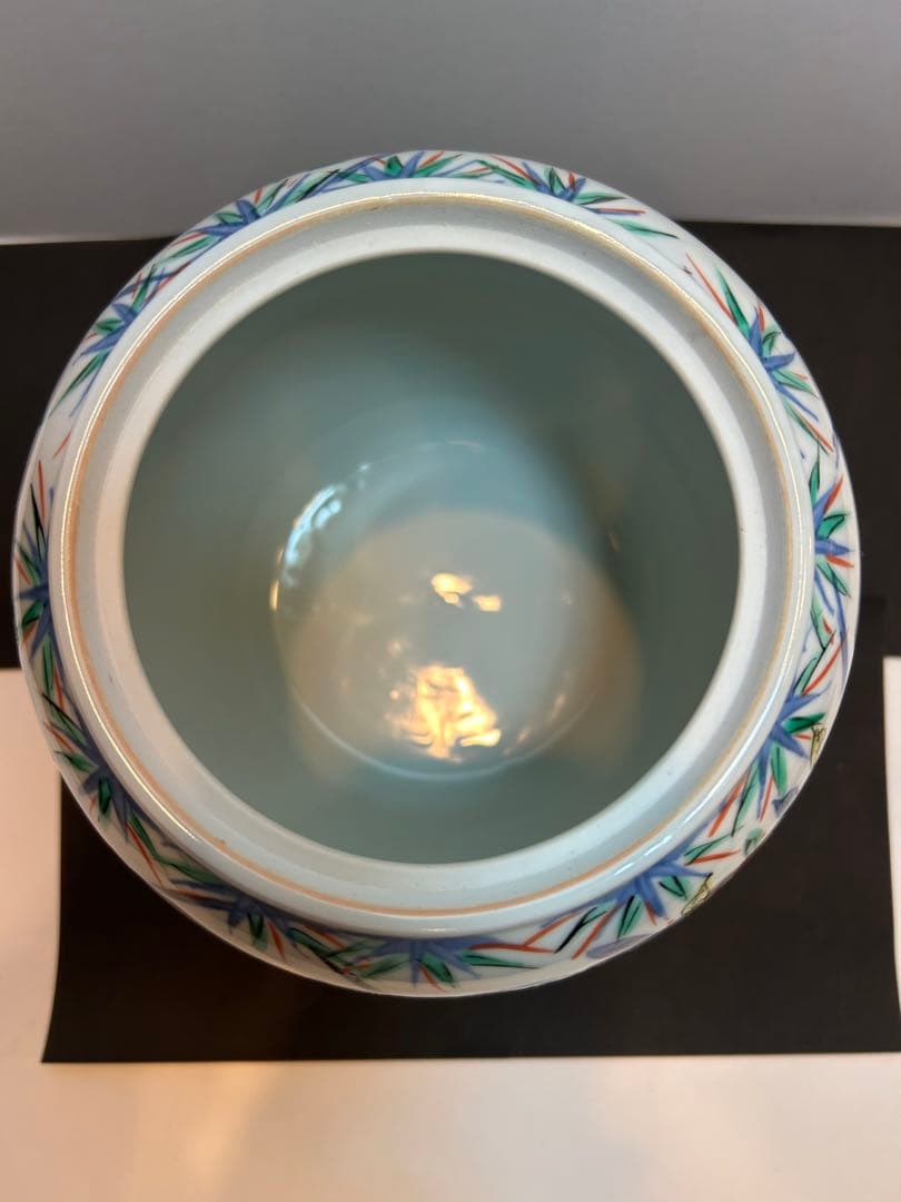 「　叶　松谷　」造　水指　吉葉色絵花鳥　共箱有り　茶道具　清水焼