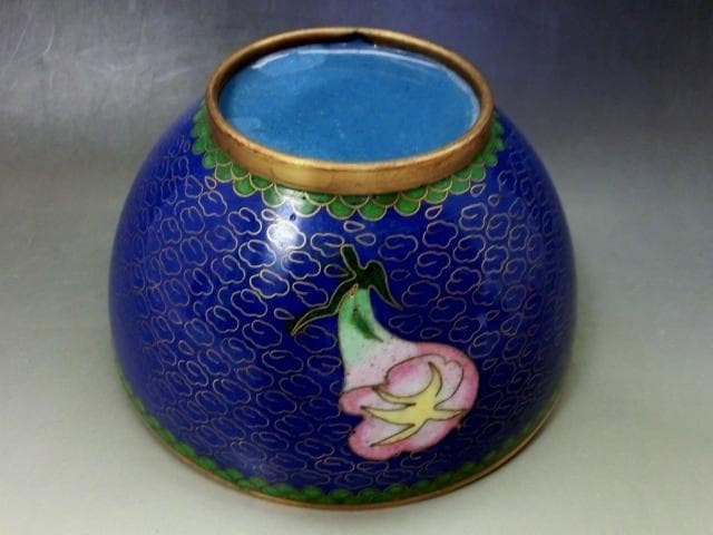 茶碗■銅胎有線七宝 藍地 七宝 朝顔 蝶紋 青 碗 ぐい呑み 古玩唐物 骨董品■
