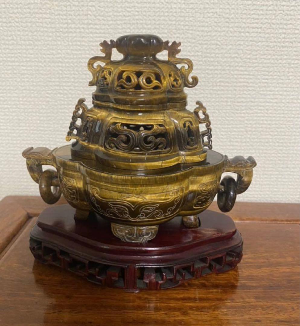 中国古美術  天然琥目石香炉  唐木台  古玩