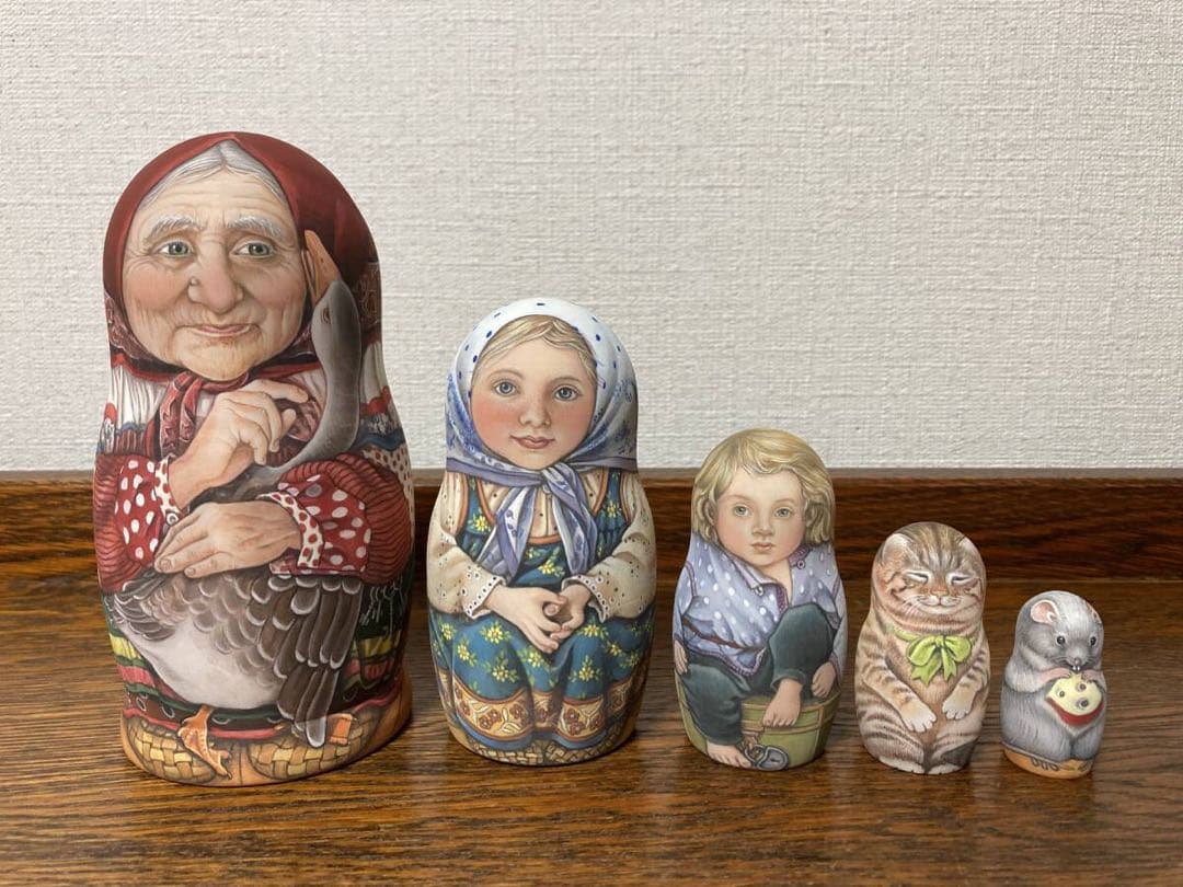ロシア雑貨☆民話『ガチョウ白鳥』おとぎ話マトリョーシカ(5P)鵞鳥白鳥 リダ工房