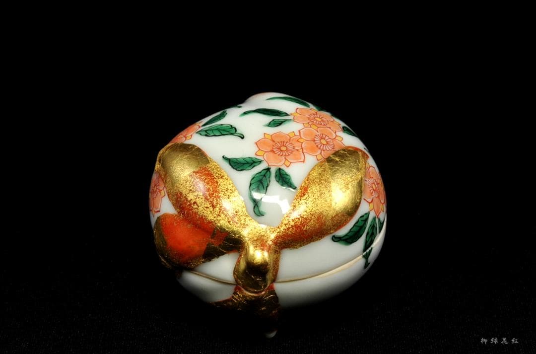 五代 三浦竹泉 色絵 桃 香合 共箱 茶道具