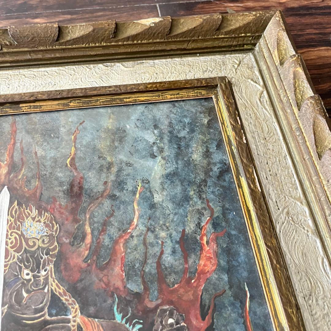 仏画 不動明王 額装 肉筆 彩色 古画 仏教美術 E