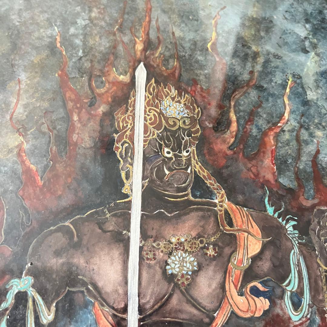 仏画 不動明王 額装 肉筆 彩色 古画 仏教美術 E