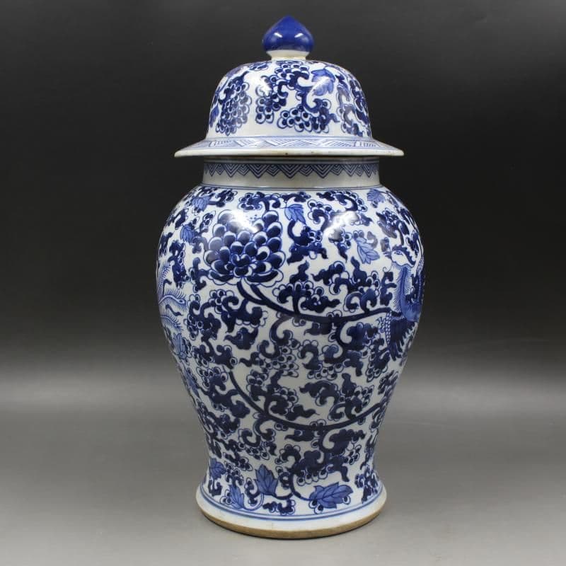 清康熙青花穿花凤纹将军罐 景徳鎮 陶磁器 装飾品 現代工芸品 美術品 置物
