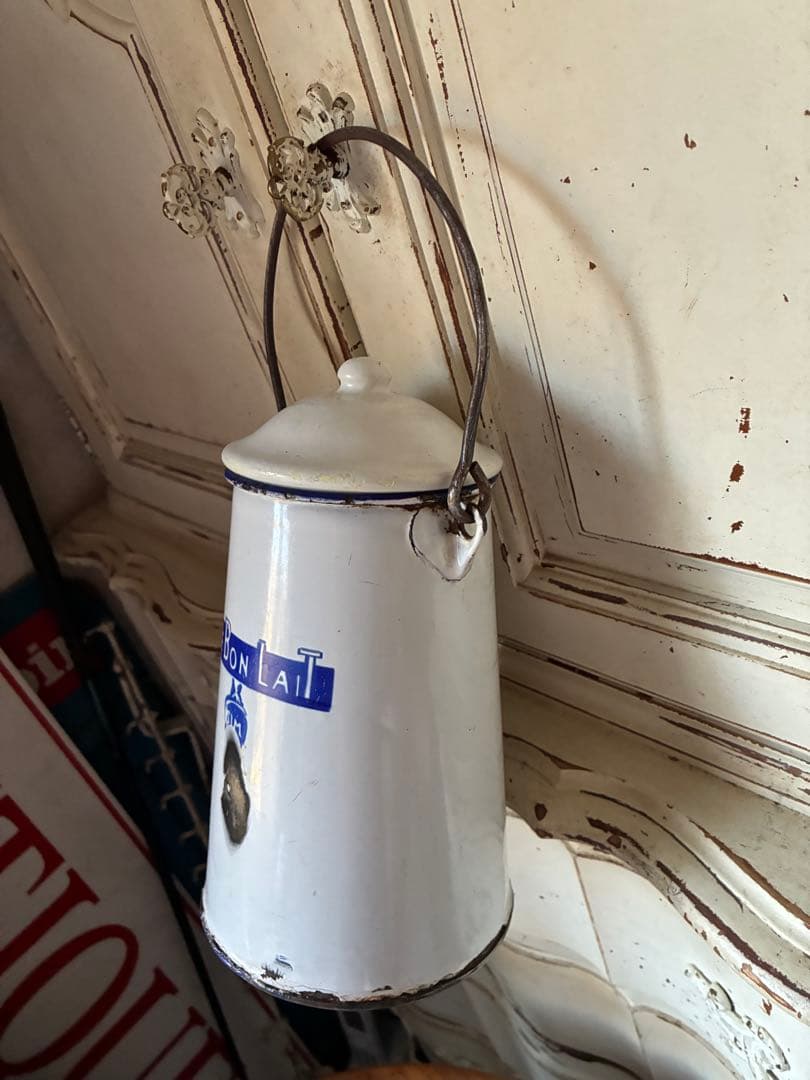 フランス　アンティーク ホーロー ミルク　ポット　キャリー 缶　Maggi青文字