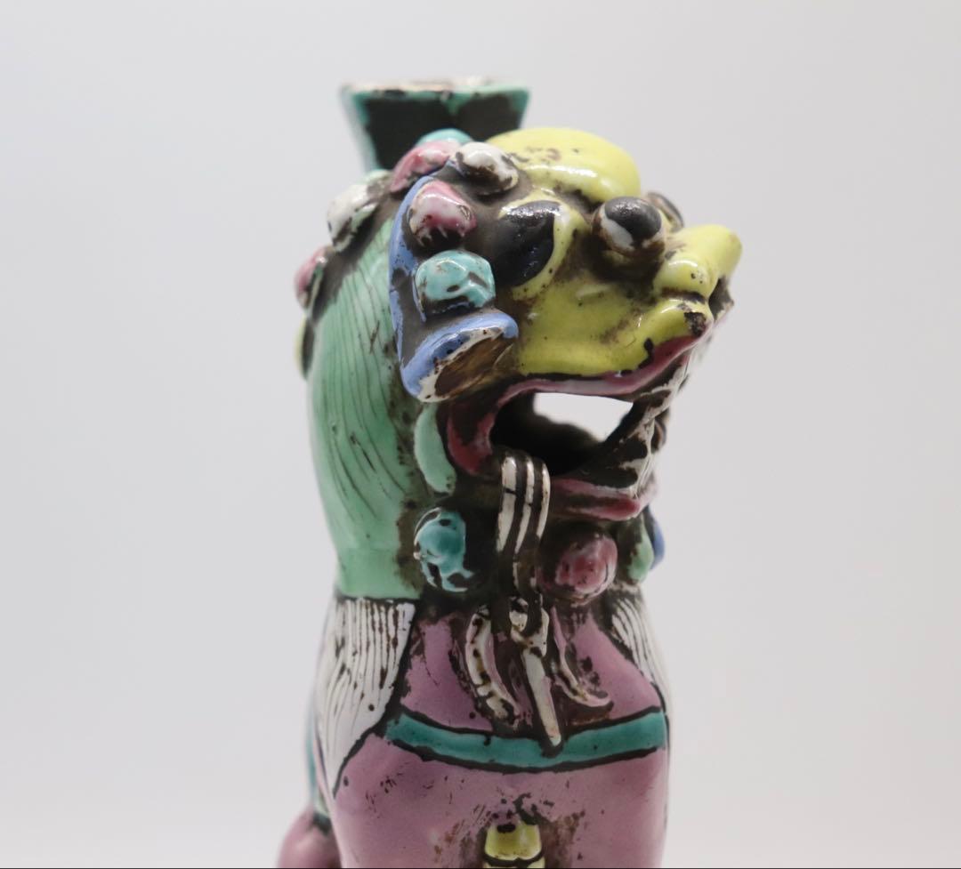 中国　清時代　洋彩　獅子　置物　共箱　送料込み250115