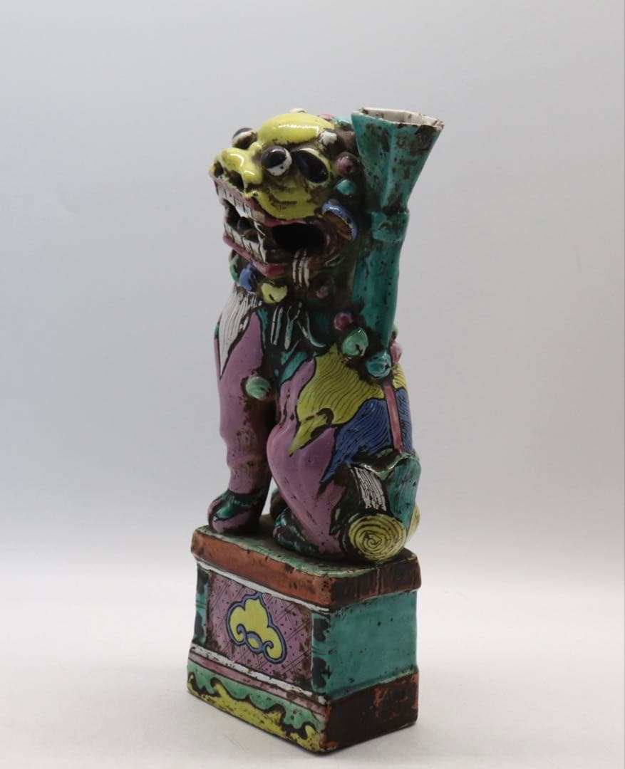 中国　清時代　洋彩　獅子　置物　共箱　送料込み250115