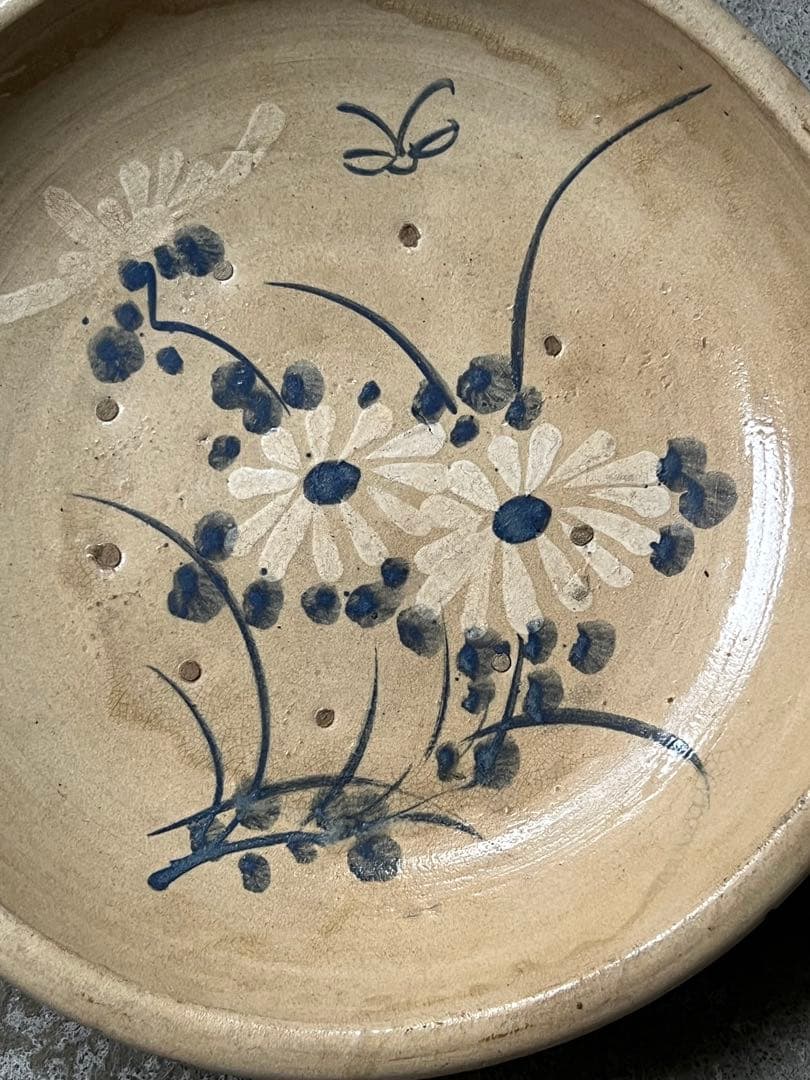 瀬戸菊繪石皿 ／ 江戸時代　共箱付 呉須大皿 径370mm 古瀬戸 民藝