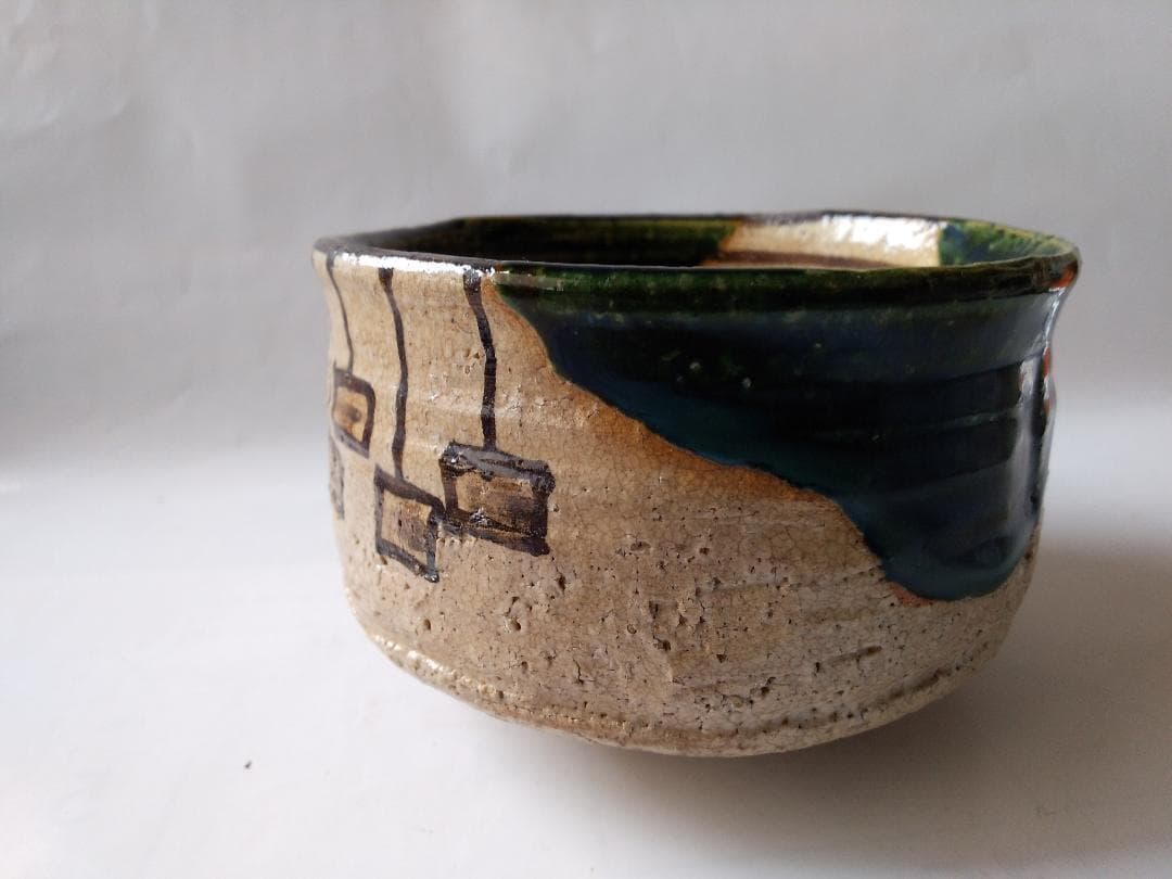 山口錠鉄 織部 茶碗 織部焼 瀬戸赤津焼 共箱 茶道具 茶器 抹茶碗 美品 です