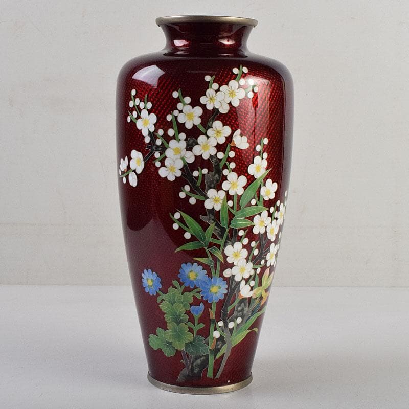 七宝焼　赤透釉　四君子文　花瓶　共箱　M　R9450