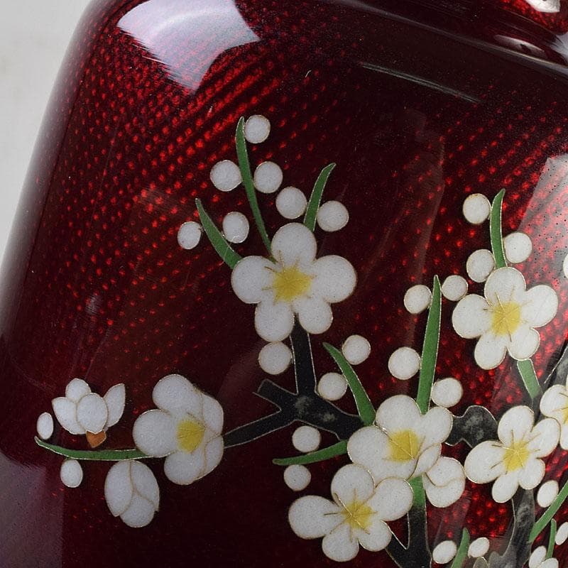 七宝焼　赤透釉　四君子文　花瓶　共箱　M　R9450