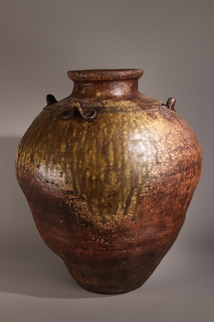 江戸初期　古越前　四耳壷　四耳子　壺　高さ38.5㎝　花器 花瓶　BE793