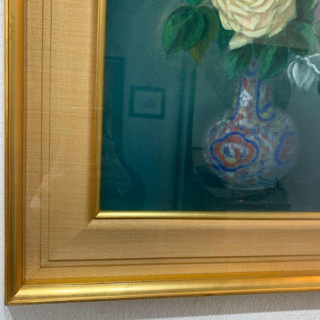 日本画　額装　真作　五十川昇乗『ばら』サイン落款有り　大判　さし箱付き