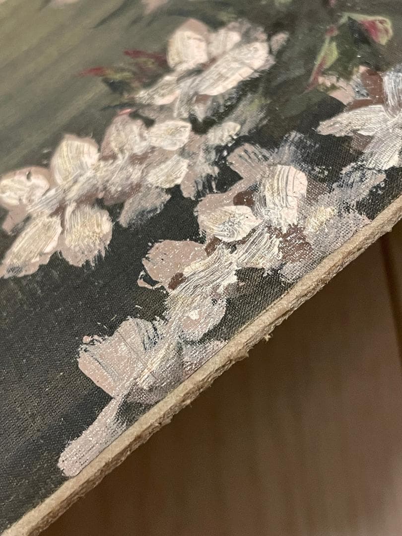 「真作」作者不明「桜の図」風景画　油彩画　額装　サイン有り