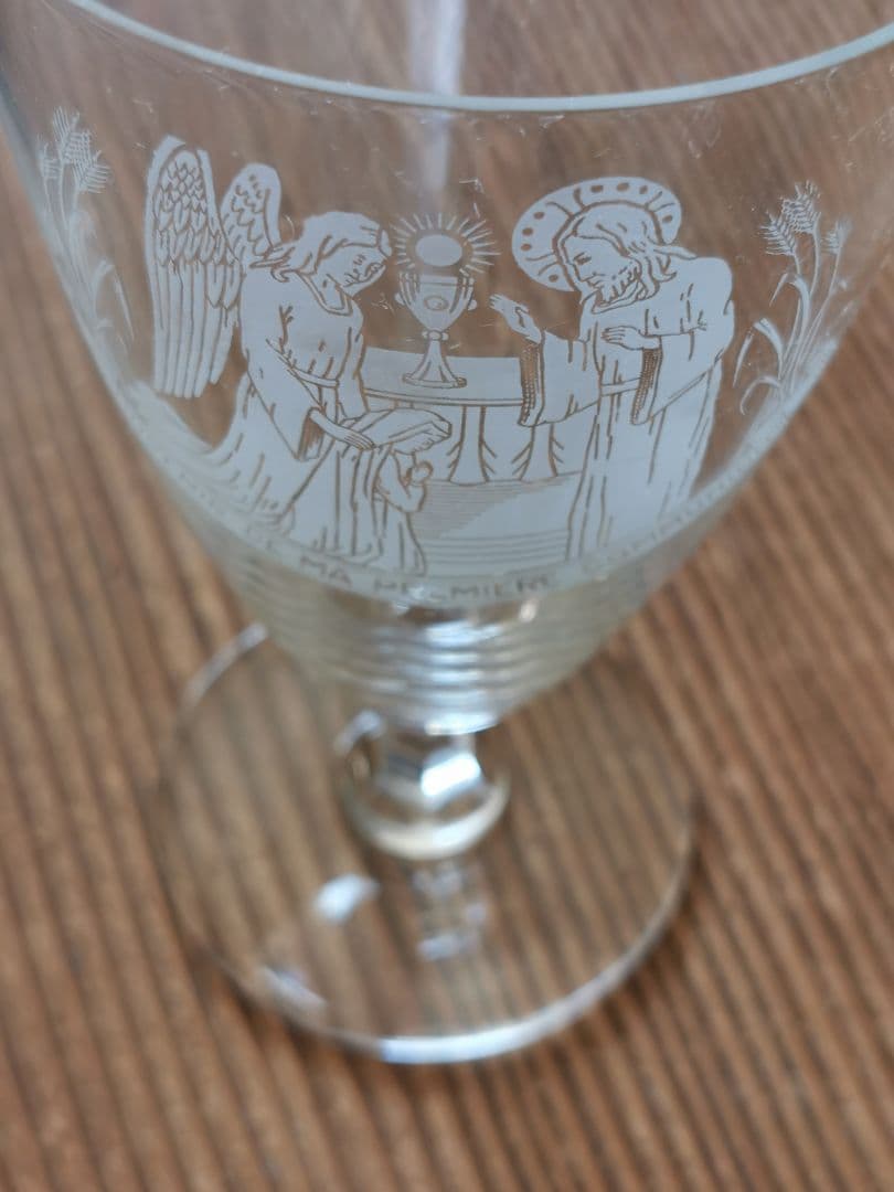 アンティーク 1stコミュニオン ラージガラスゴブレット 聖杯 少女イエス大天使