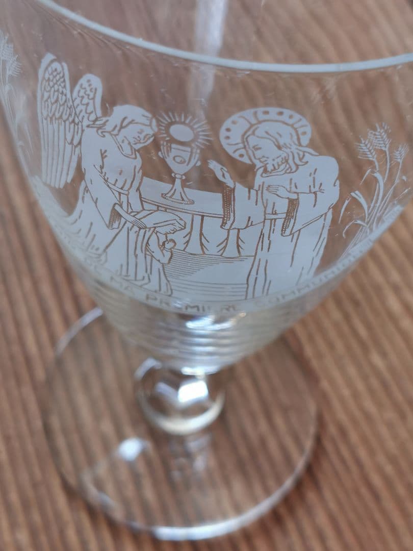 アンティーク 1stコミュニオン ラージガラスゴブレット 聖杯 少女イエス大天使