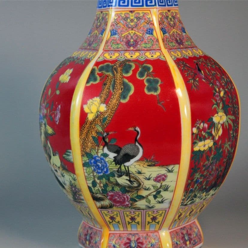 蒔絵琺瑯の六方花瓶 景徳鎮 陶磁器 装飾品 現代工芸品 美術品 置物