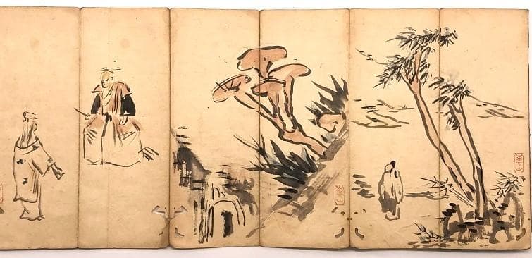 【 渡辺崋山 画帖 】　江戸時代　肉筆手控帖　七福神・鍾馗・花鳥・山水ほか