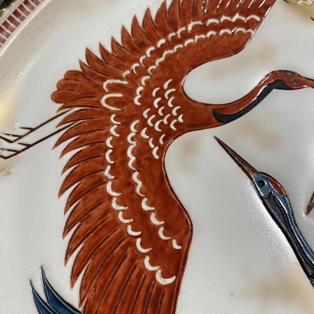 色絵三鶴　額皿　螢窯　中村翠恒氏作　34㎝　共箱入