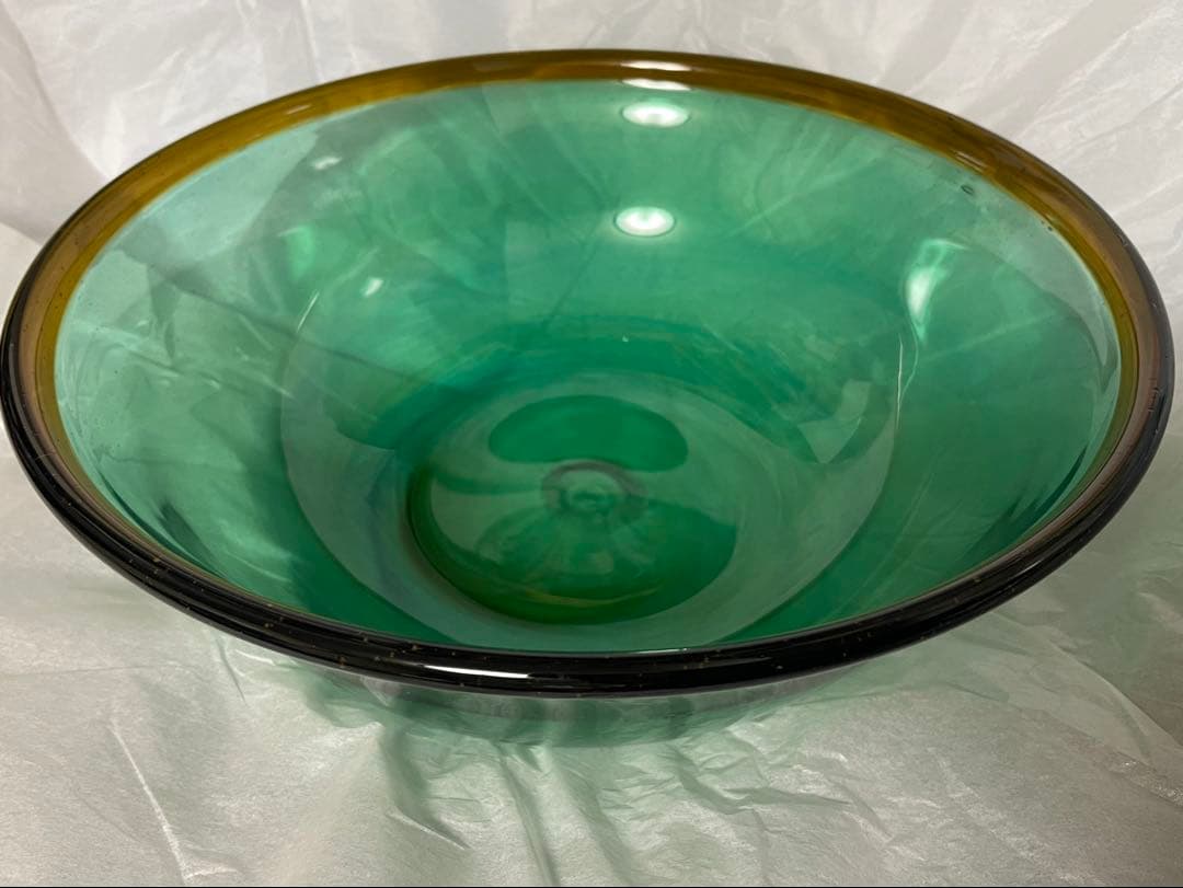 三宅義一作 吹きガラス緑大鉢 ボウル 緑色と茶色のグラデーション