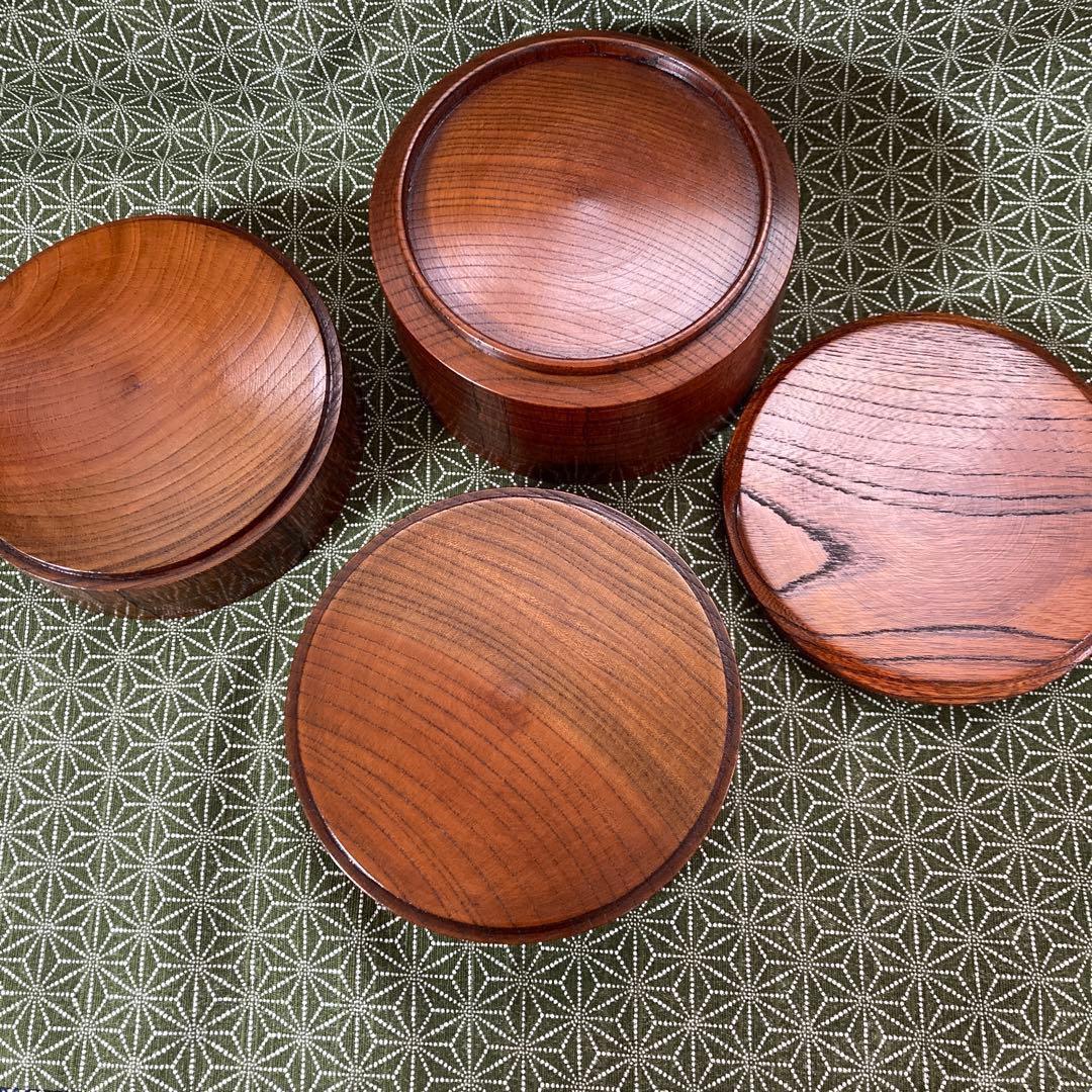 漆器　欅　三段重　弁当箱　くり抜き　朱塗り