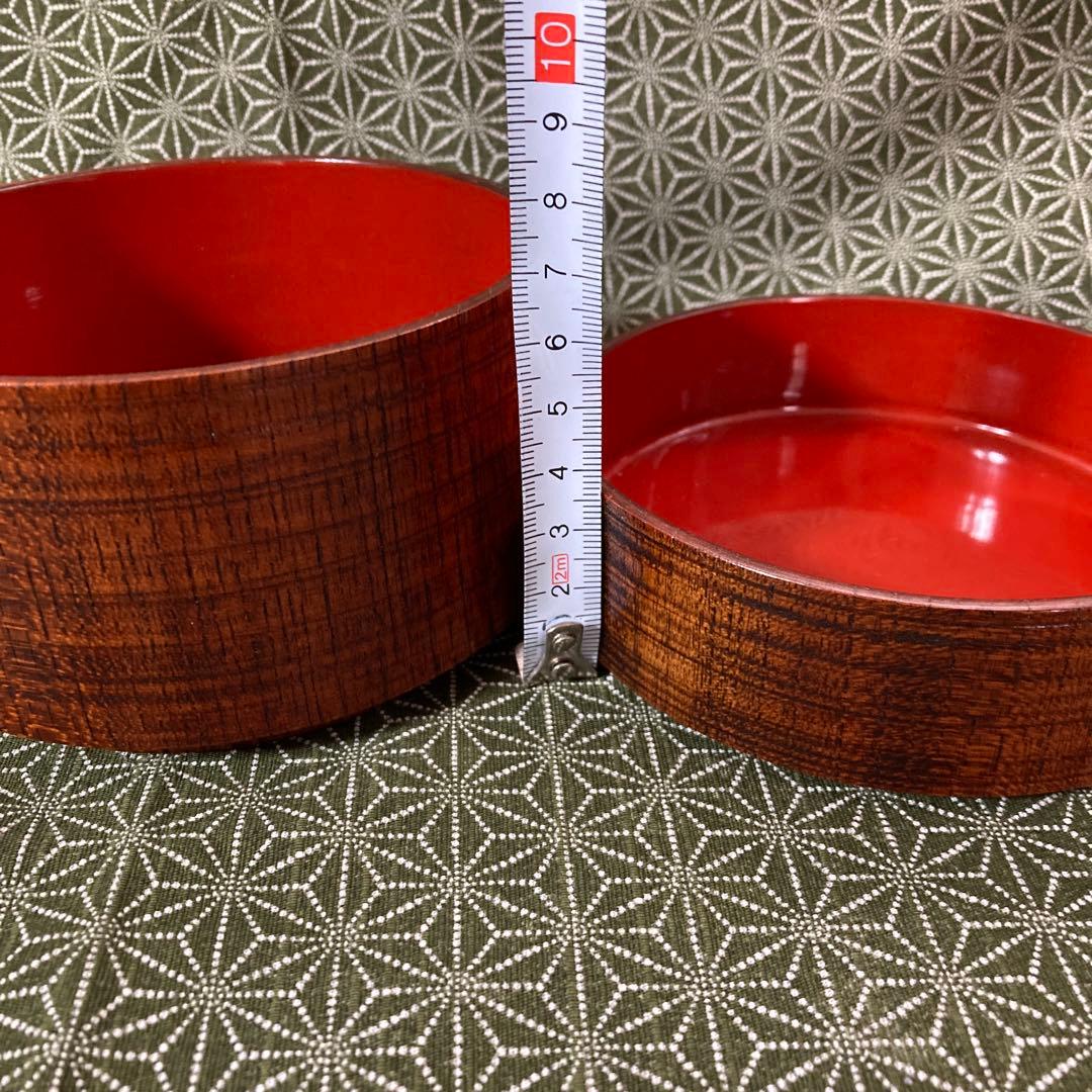 漆器　欅　三段重　弁当箱　くり抜き　朱塗り