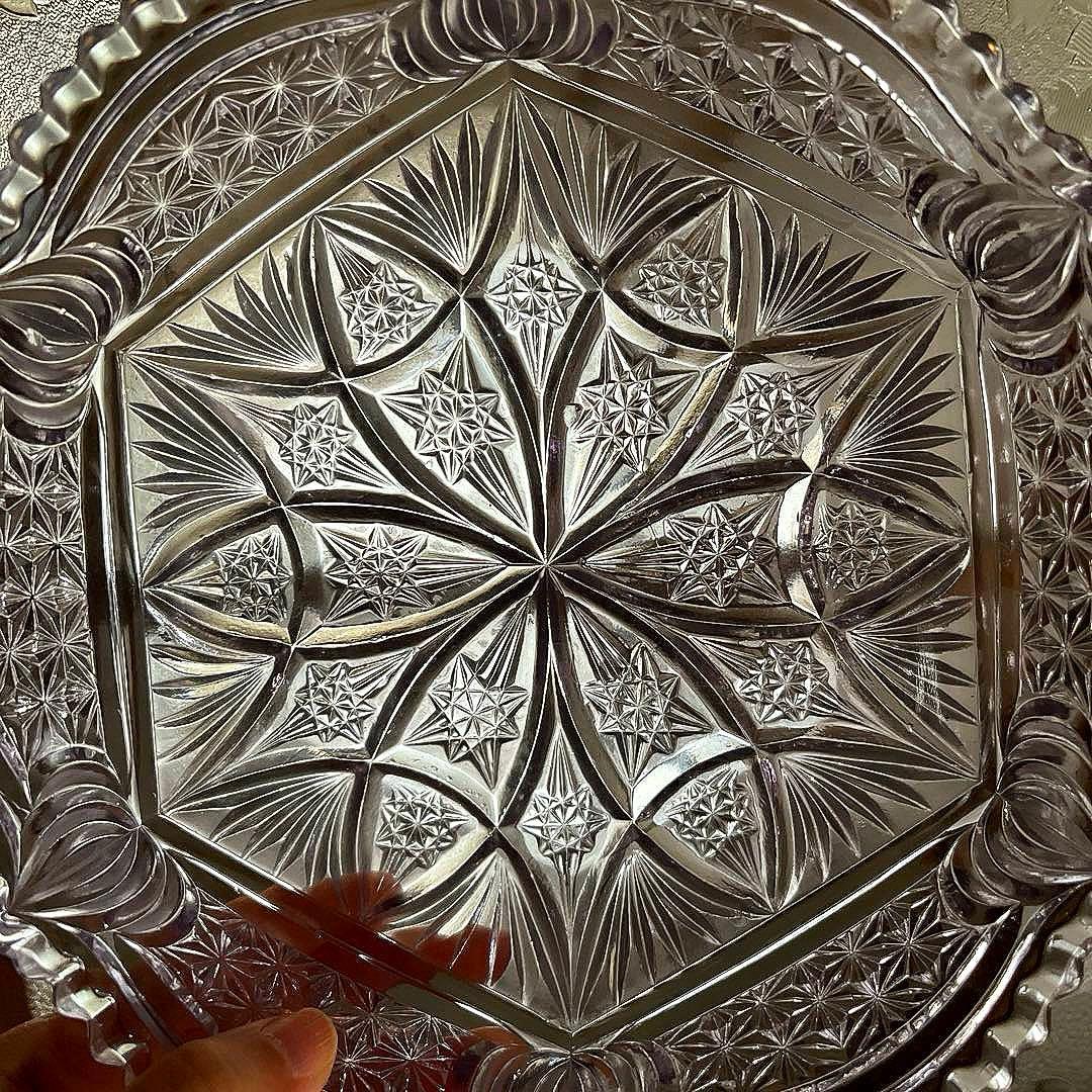 骨董　時代ガラス　プレスガラス　希少　淡紫色　クリスタルカット　菓子鉢　大鉢